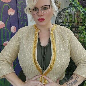 Vintage 1950's Metallic lace cream cardigan with gold foil trim by Park Storyk